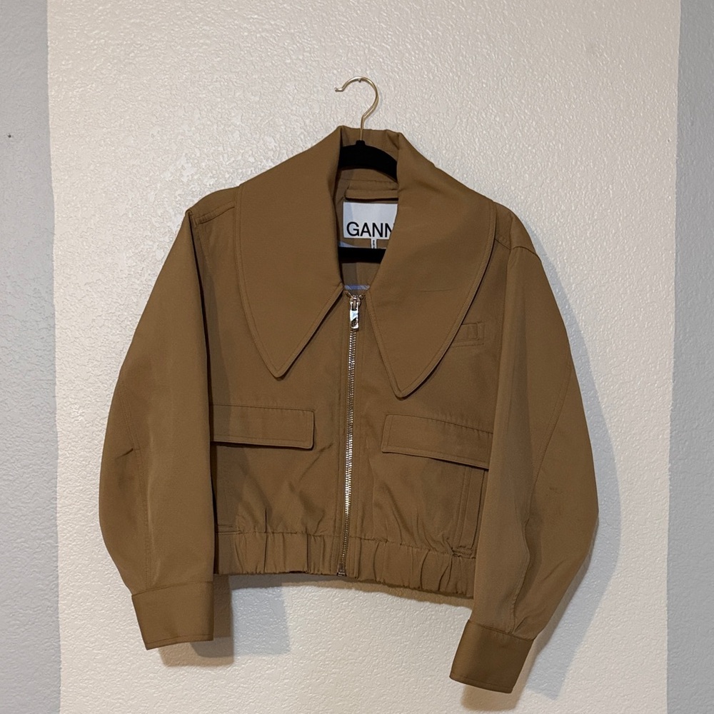 Ganni Tan Cropped Jacket with Wide Collar
